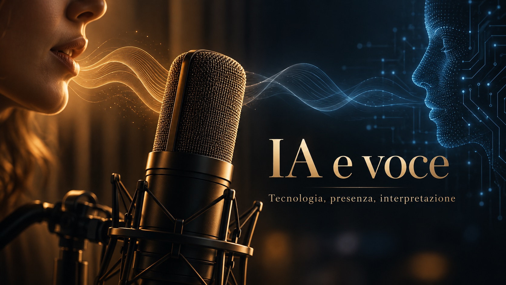Microfono da studio tra una voce umana e un volto digitale, grafica sul rapporto tra intelligenza artificiale e lavoro vocale.