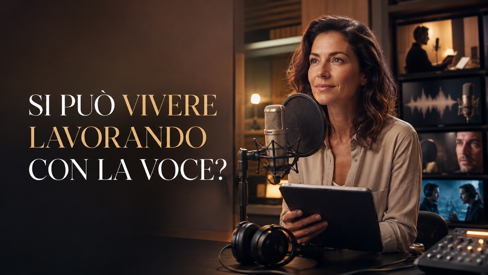 Donna in studio di registrazione davanti a un microfono, immagine per un articolo su come vivere lavorando con la voce